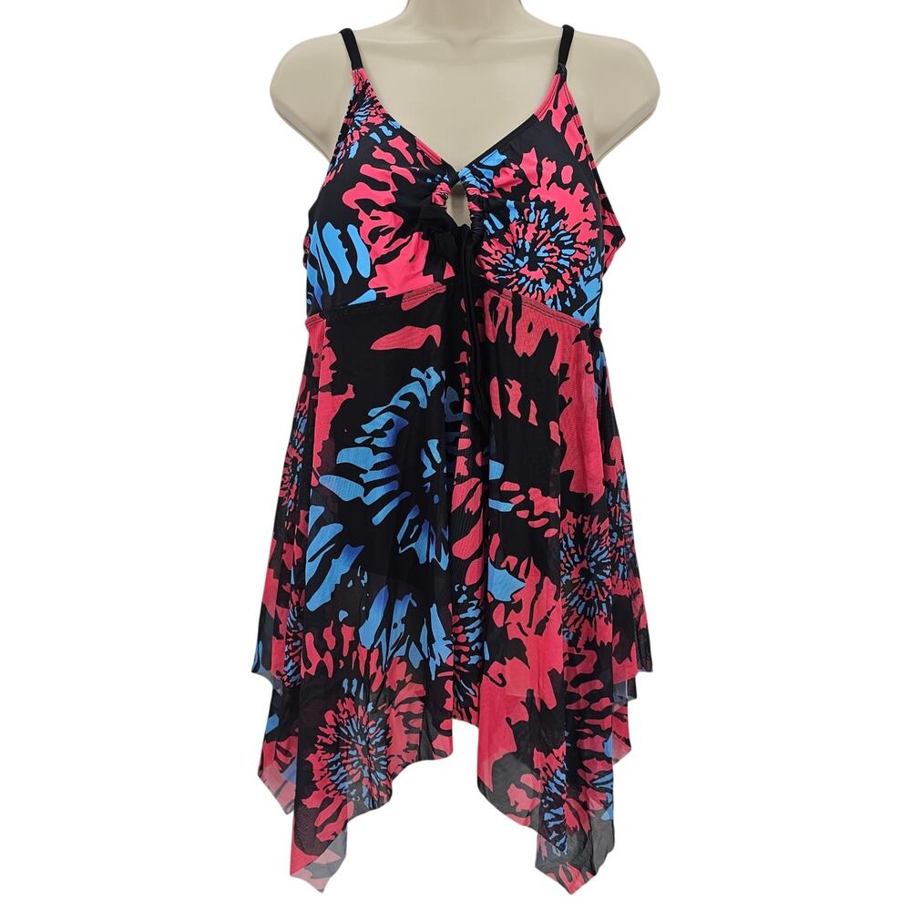 Zando Womans size 2XL Geometric Print Mesh Asymmetric Swimdress Black/Multi NWOT